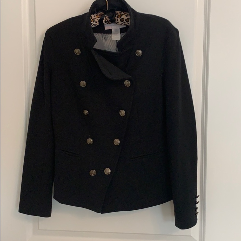 Women’s black blazer button up.